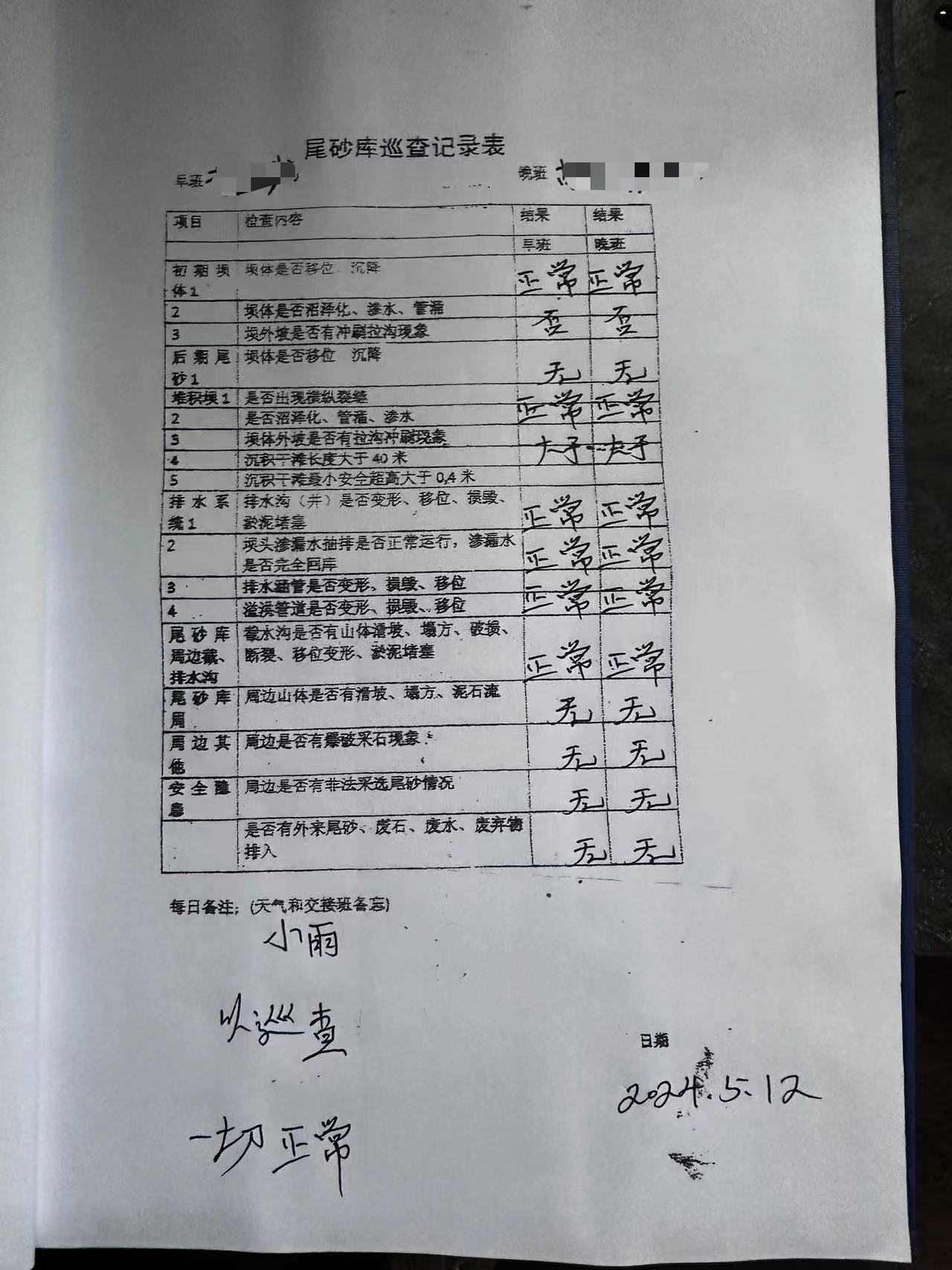 5月12日，泡金山鉛鋅礦第三尾礦庫“早產(chǎn)”的巡查記錄。人民網(wǎng)記者 游天燚攝