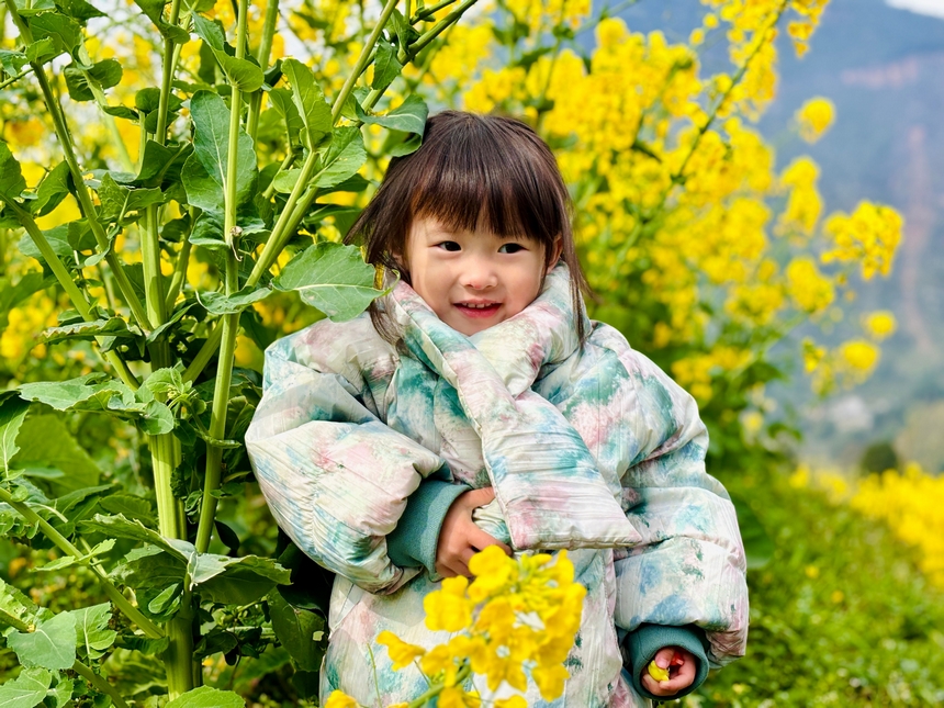 稚嫩孩童在菜花下露出燦爛的笑容。